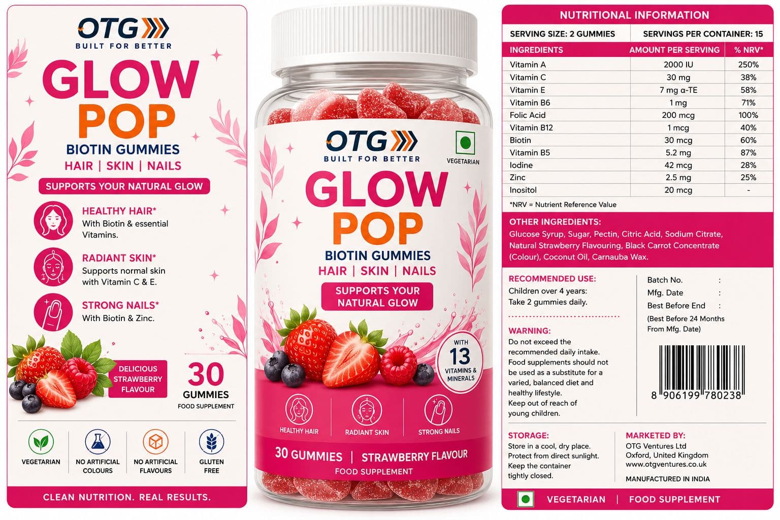 OTG Glow Pop biotin gummies packaging artwork