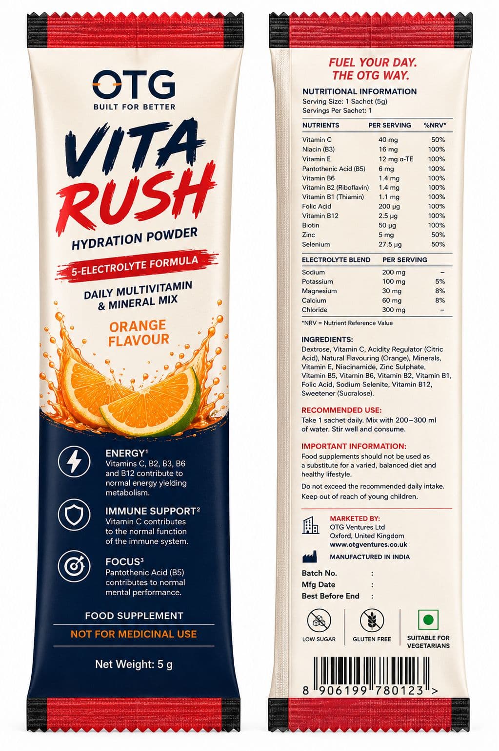OTG Vita Rush hydration powder sachet artwork
