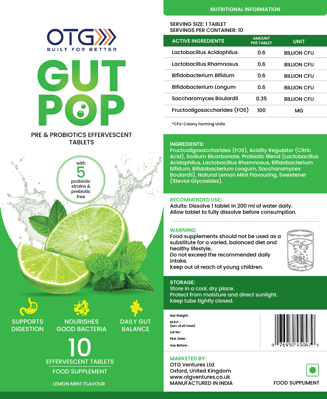 OTG Gut Pop pre and probiotics effervescent tablets packaging artwork